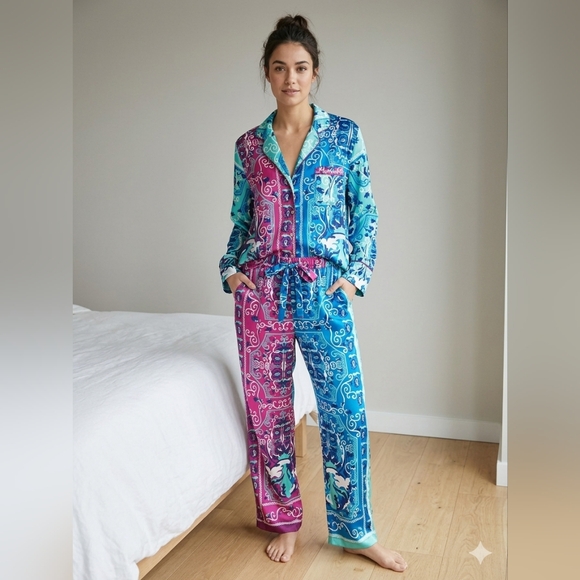 Anthropologie Other - Anthropologie Two-Tone Paisley Satin Pajama Set in Teal & Magenta